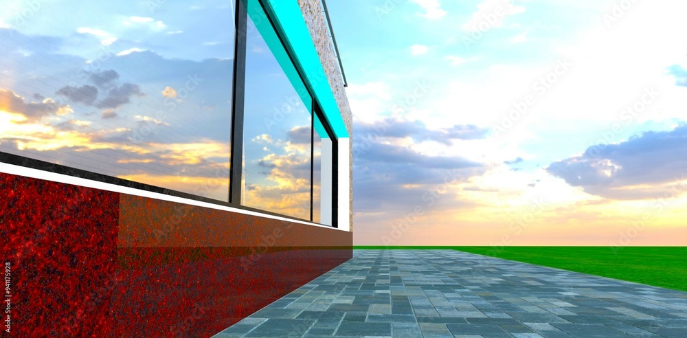Fototapeta premium Red granite finish combined with gray concrete paver bricks. Green grass and cloudy sky. Panoramic window. 3D rendering.