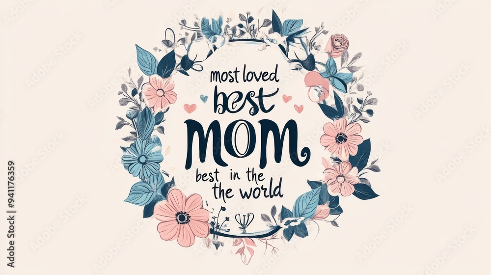 Fototapeta premium A floral garland with a heartwarming dedication to moms, featuring a mix of light and dark blooms, encapsulating the essence of familial love and appreciation.