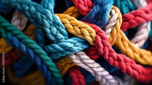 Colorful Knotted Ropes and Twines, Symbolizing Strength in Diverse Collaboration for Success