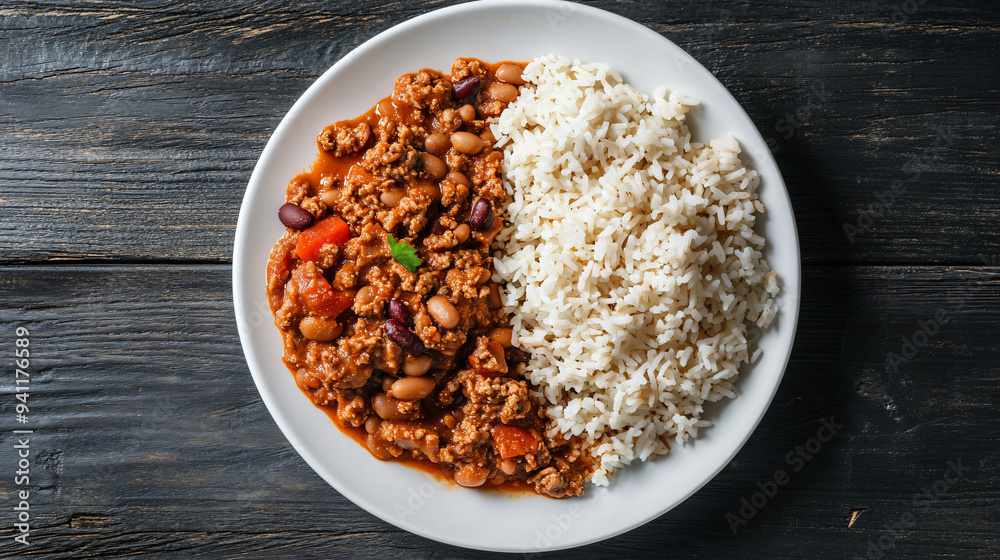 Satisfy your hunger with a delicious bowl of chili con carne and fluffy white rice on the side Satisfy your hunger with a delicious bowl of chili con carne and fluffy white rice on the side