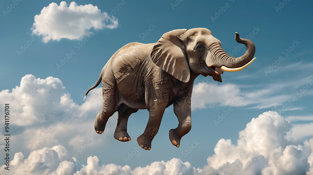 Fototapeta premium A whimsical magical elephant soaring through the sky, trunk raised, against fluffy white clouds, in a playful illustrative and icon style.