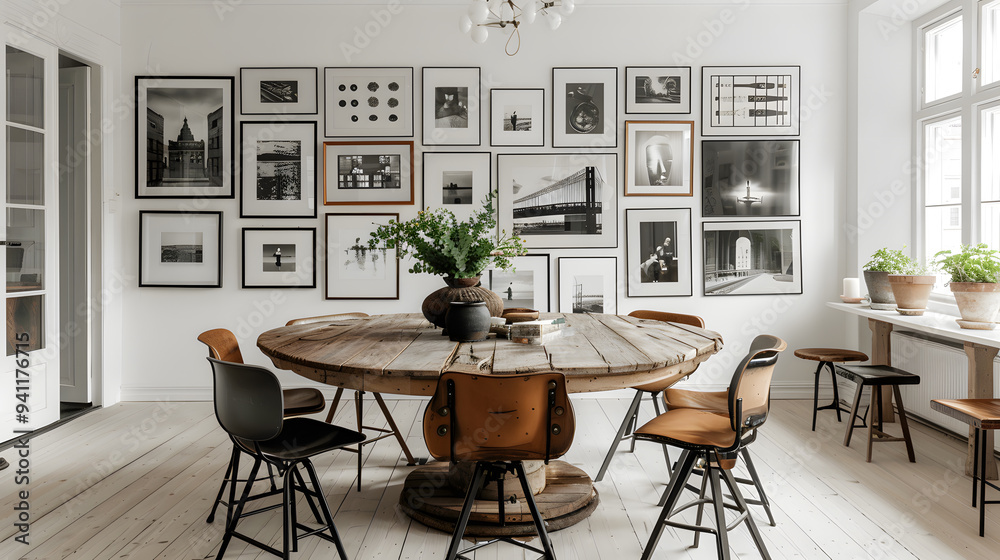 A chic and stylish dining room with a large, round wooden table, mismatched chairs, and a gallery wall showcasing a collection of black and white photographs A chic and stylish dining room with a large, round wooden table, mismatched chairs, and a gallery wall showcasing a collection of black and white photographs