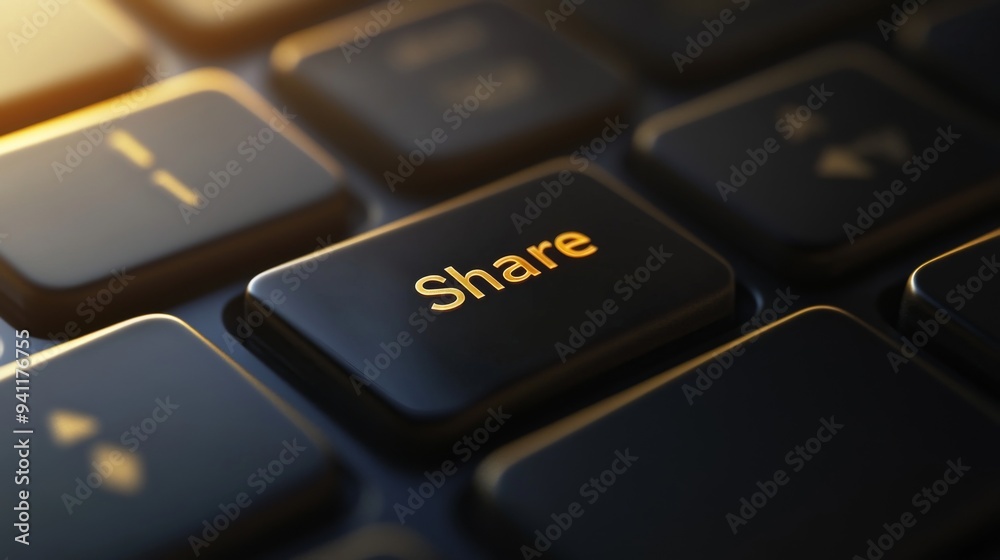 A macro shot of a black keyboard, featuring a prominently illuminated golden 'Share' button, symbolizing digital communication and data sharing in the modern era. A macro shot of a black keyboard, featuring a prominently illuminated golden 'Share' button, symbolizing digital communication and data sharing in the modern era.