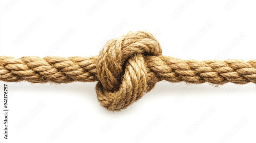 A close-up view of a knotted rope tied in a secure loop, set against a white background, representing strength, security, and traditional craftsmanship with crisp focus. A close-up view of a knotted rope tied in a secure loop, set against a white background, representing strength, security, and traditional craftsmanship with crisp focus.