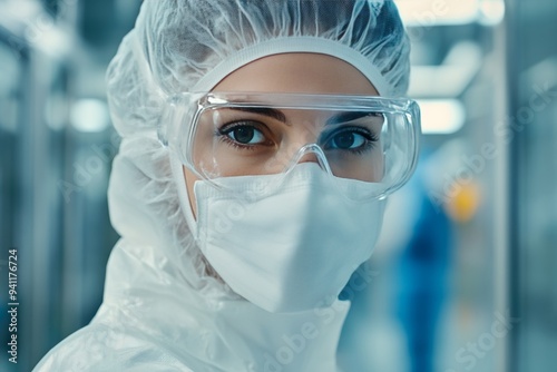 Biotechnology professional in cleanroom with safety gear in the pharmaceutical sector photo