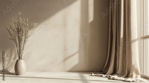 Serene Elegance - Soft Beige Linen Curtains 3D Render on Neutral Background