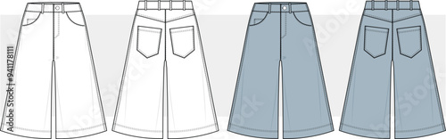 unisex wide leg denim jeans trouser pants front and back view flat sketch fashion illustration, Oversize Boot cut five pockets jeans denim pants cad drawing vector template