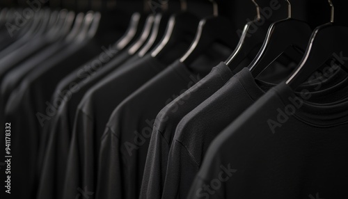 Close up shot of a collection of black t shirts hanging on hangers with ample copy space photo