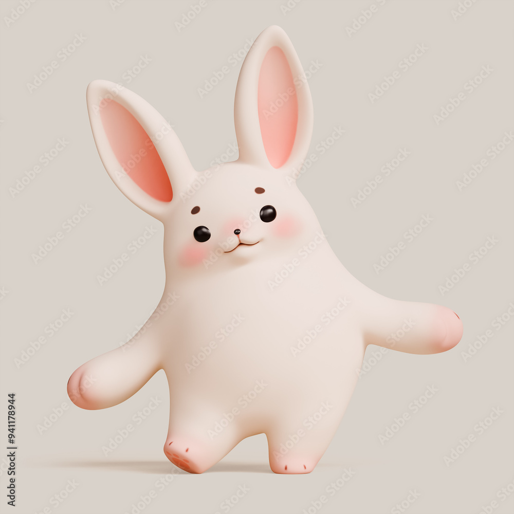 Fototapeta premium Simple fat cute kawaii soft fluffy cartoon white bunny with eyebrows, pink ears, cheeks stands in a funny dance jumping pose with his arms outstretched. Lovely adorable pet. 3d render in pastel colors
