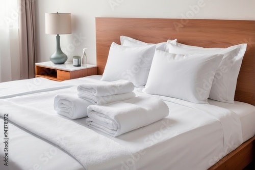 White Towels Folded on a Made Bed with Pillows