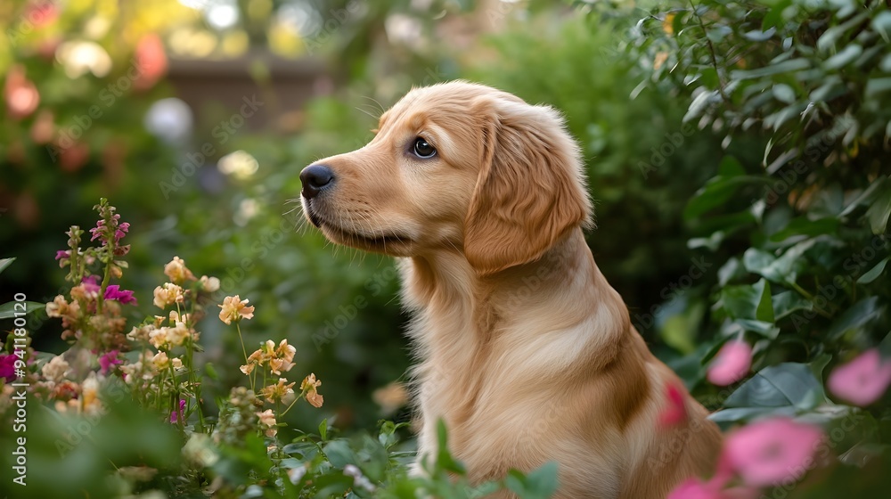 Curious and playful Golden Retriever puppy exploring a lush verdant garden with a sense of childlike wonder and enthusiasm taking in the sights smells Curious and playful Golden Retriever puppy exploring a lush verdant garden with a sense of childlike wonder and enthusiasm taking in the sights smells