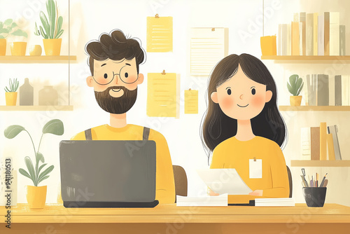 A warm, illustrated scene depicting a father and daughter collaborating at a wooden desk