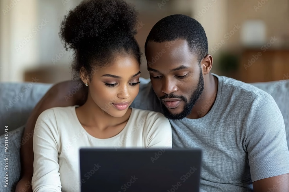 A young couple sits closely together on a comfortable couch, intently reviewing documents on a laptop. A young couple sits closely together on a comfortable couch, intently reviewing documents on a laptop.