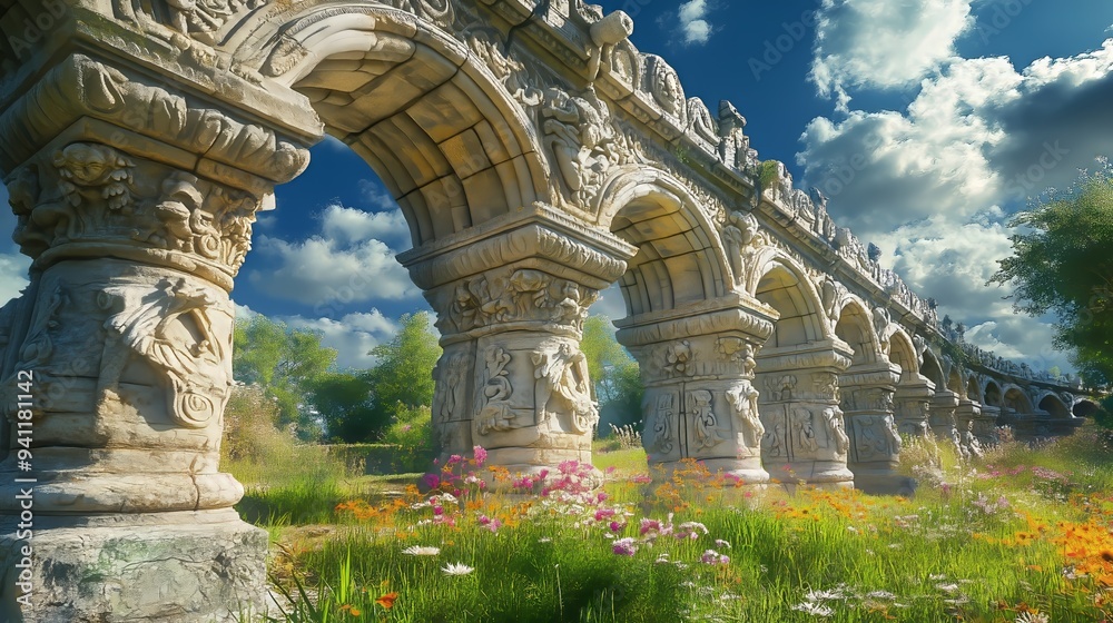 Ancient stone arches with floral carvings stand against a blue sky, inviting tales of grandeur. Ancient stone arches with floral carvings stand against a blue sky, inviting tales of grandeur.