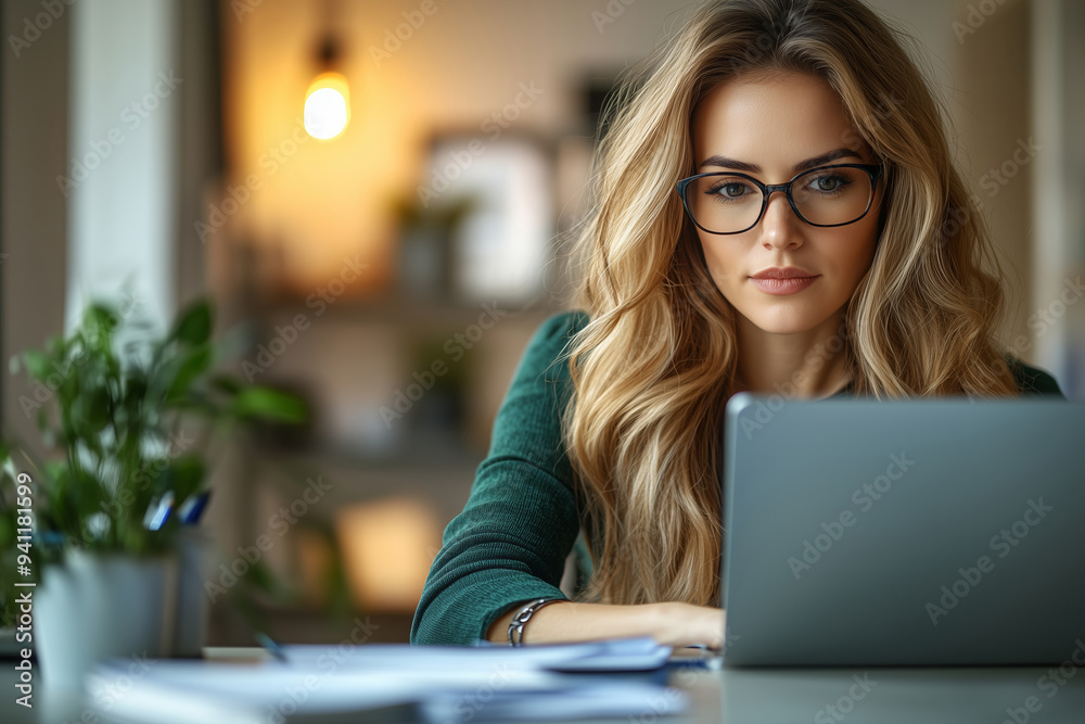 A young woman with long blonde hair and glasses is deeply focused on her work as she types on a laptop in a cozy home office. A young woman with long blonde hair and glasses is deeply focused on her work as she types on a laptop in a cozy home office.