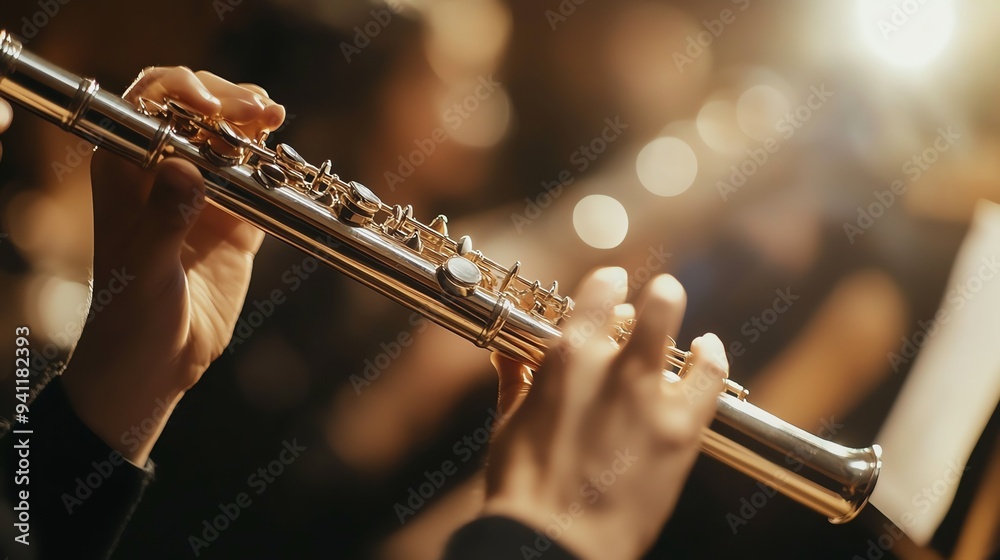 Fototapeta premium A flutist's hands playing a silver flute.