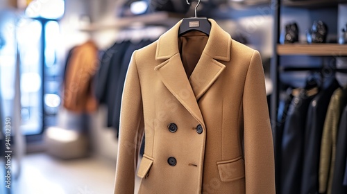 Female overcoat in modern clothing store photo