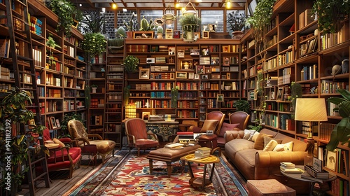 Cozy bookstore with wooden shelves, colorful books, and comfortable seating. 32k, full ultra hd, high resolution