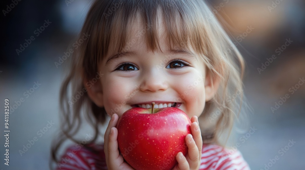 A little girl smiling while holding a red apple in her hand, AI