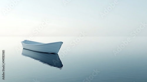 Serenity of Solitude - Minimalistic White Boat Floating on Tranquil Endless Sea with Colorful Reflection; Peaceful Water Scene