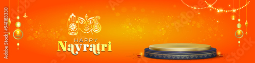 Navratri festive background with podium design. Navratri sale offer and promotion concept.