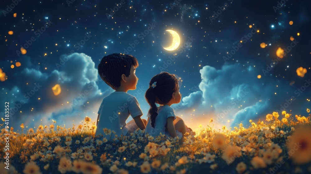 Fototapeta premium Boy and girl sitting on a beautiful flower hill and looking into the starry night sky. 3d style cartoon character