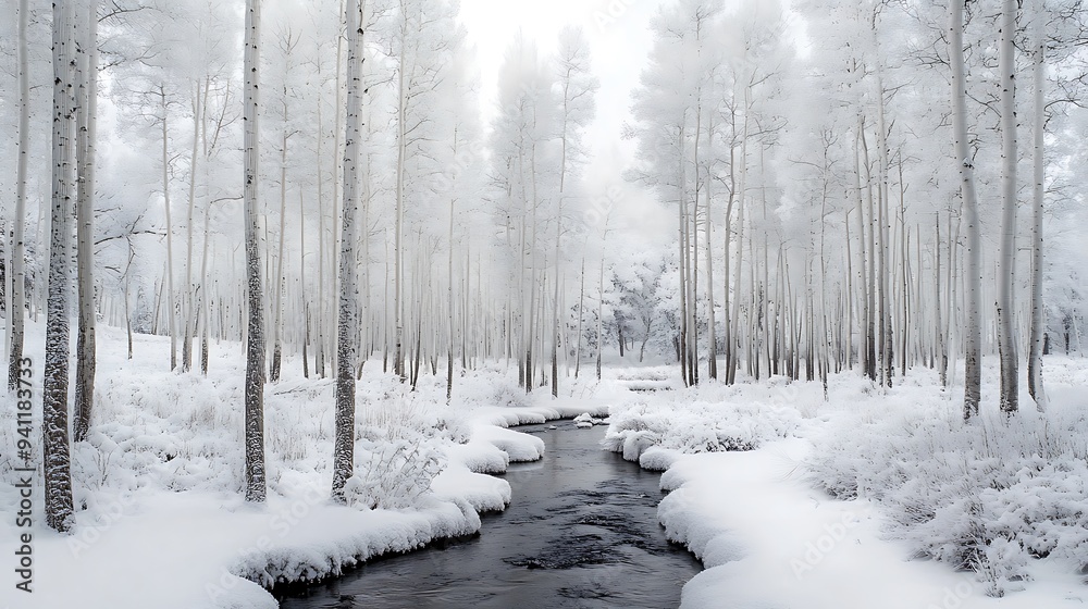Serenity in White: Peaceful Forest with Meandering Stream in Monochrome Beauty Serenity in White: Peaceful Forest with Meandering Stream in Monochrome Beauty