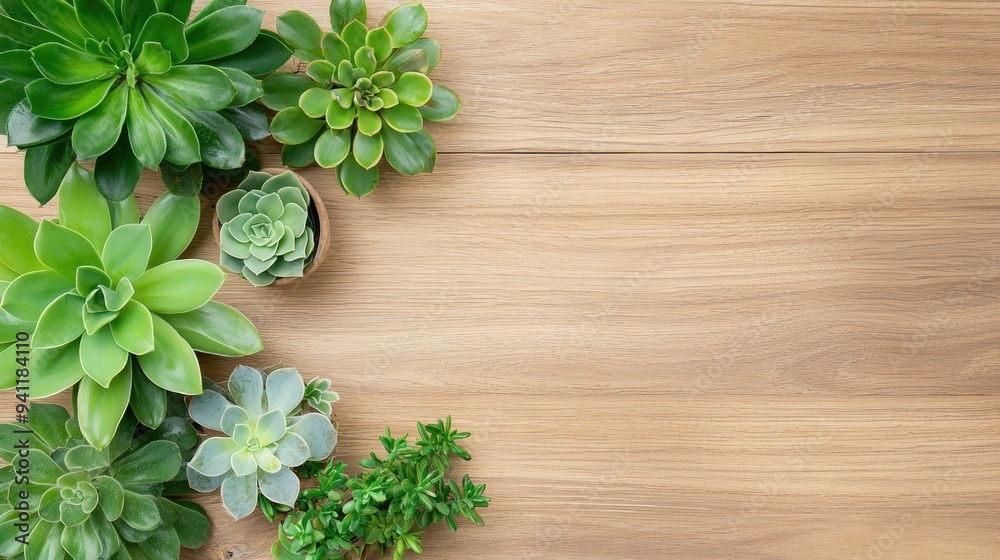 Explore an artistic flat lay featuring a variety of unique succulents beautifully arranged on a rustic wooden table, with ample copy space available for branding and creative designs. Explore an artistic flat lay featuring a variety of unique succulents beautifully arranged on a rustic wooden table, with ample copy space available for branding and creative designs.