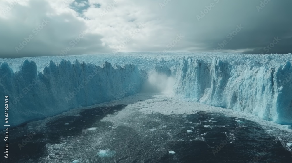 A breathtaking view of a massive glacier calving, with icebergs breaking off and crashing into the dark ocean beneath a moody sky A breathtaking view of a massive glacier calving, with icebergs breaking off and crashing into the dark ocean beneath a moody sky