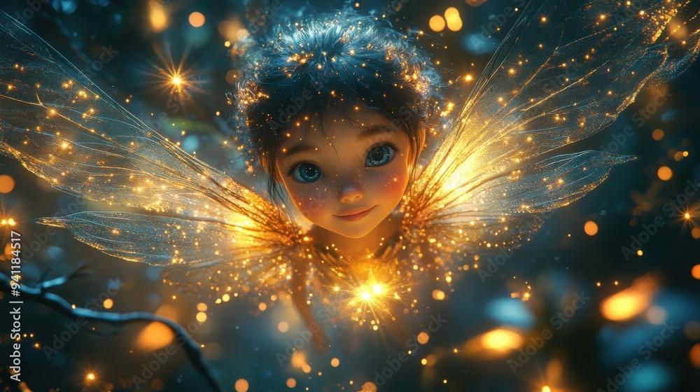 Fairy girl in a magical evening forest flying between branches surrounded by fireflies. Beautiful transparent wings, 3d style cartoon character Fairy girl in a magical evening forest flying between branches surrounded by fireflies. Beautiful transparent wings, 3d style cartoon character