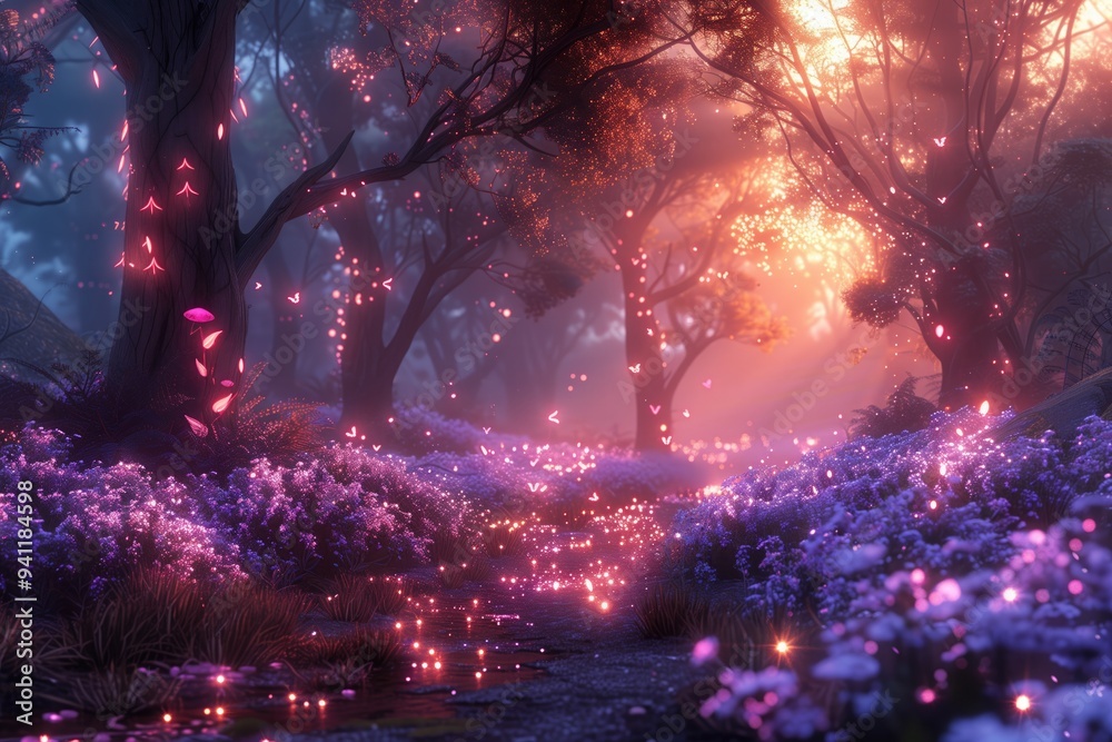 An enchanted forest with glowing, bioluminescent plants and mythical creatures like fairies and unicorns wandering through it An enchanted forest with glowing, bioluminescent plants and mythical creatures like fairies and unicorns wandering through it