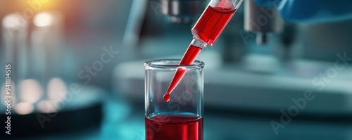 Lab technician using pipette to transfer red liquid into flask for analysis, showcasing modern scientific equipment and precision.