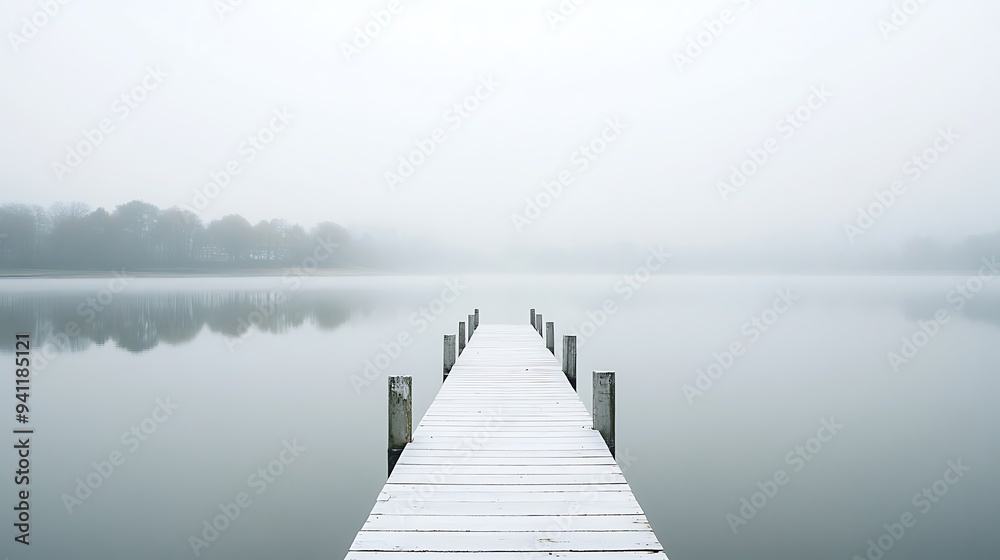 Fototapeta premium Serene White Pier Extending into Still Lake with Minimalistic Reflections