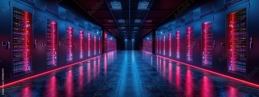 Fototapeta premium Overhead shot of a massive data center processing big data with quantum computing power.