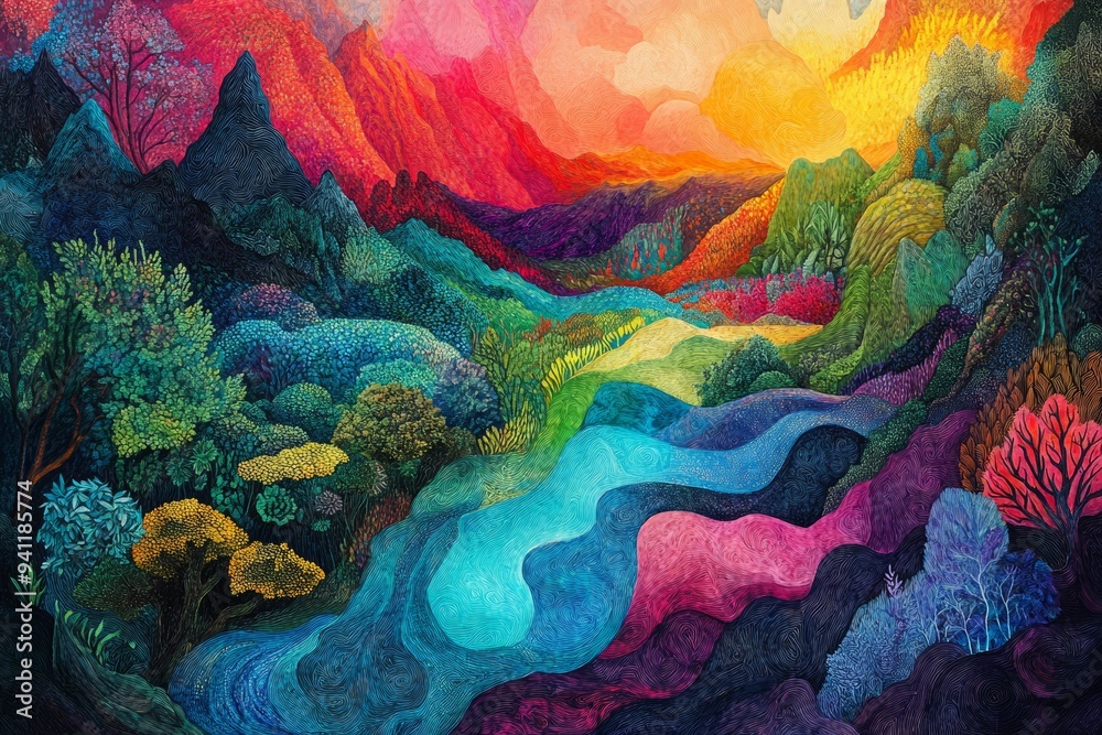 A vibrant, abstract landscape painting featuring a river winding through colorful mountains and lush, stylized vegetation under a dramatic sky A vibrant, abstract landscape painting featuring a river winding through colorful mountains and lush, stylized vegetation under a dramatic sky