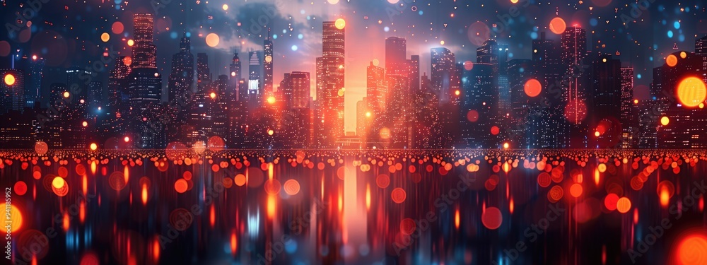 Naklejka premium Visual representation of big data analytics with a cityscape made of binary code and data points