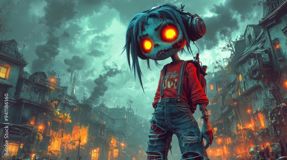 Girl cute zombie in ripped jeans, night scary landscape. Funny cheerful facial expression, 3d animation style cartoon character Girl cute zombie in ripped jeans, night scary landscape. Funny cheerful facial expression, 3d animation style cartoon character