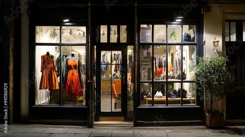 London, UK: Gudrun Sjoden, a Scandinavian fashion shop at night. Located on Monmouth Street near Seven Dials in the Covent Garden area of central London