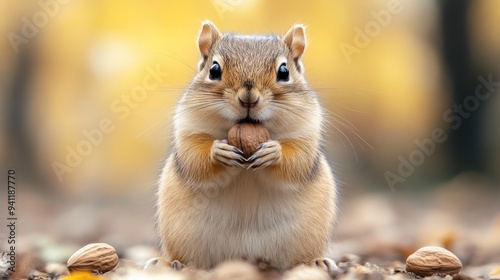 A small squirrel is holding a nut in its mouth