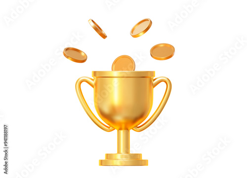 3d realistic golden trophy cup with flying gold coins. Stock vector illustration on isolated background