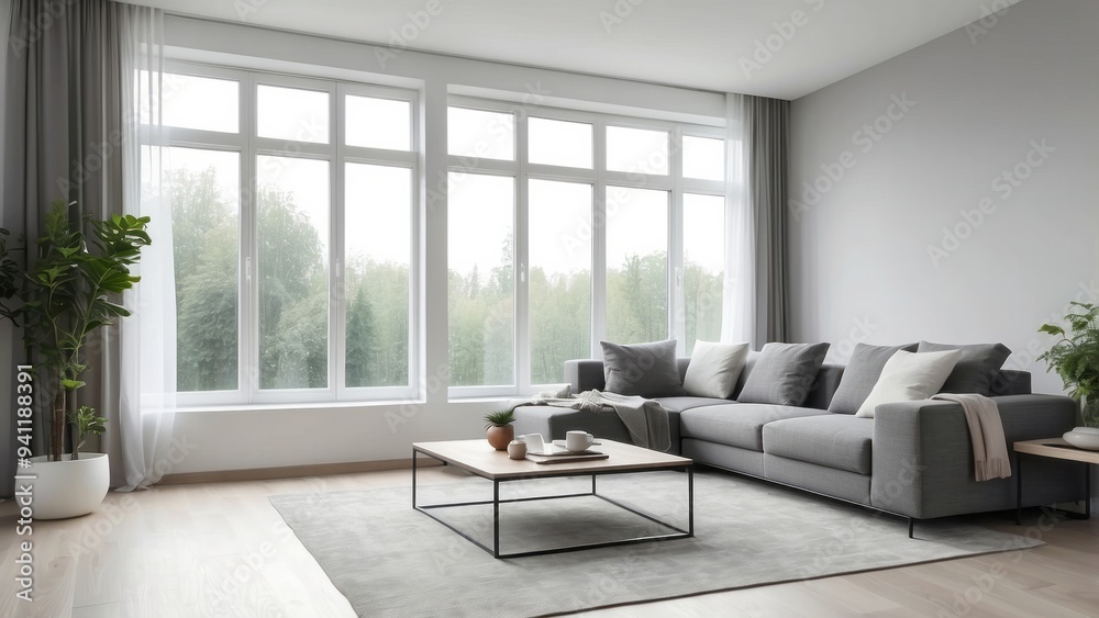 Fototapeta premium Modern Living Room with Grey Sectional Sofa and Large Windows