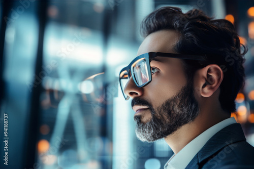 Portrait of positive good looking businessman in suit and glasses in modern office. Confident and successful executive director. Energetic CEO at work. Successful leader