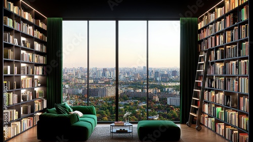 A modern library with green furniture, large windows, and stunning city views, creating an inviting reading environment.
