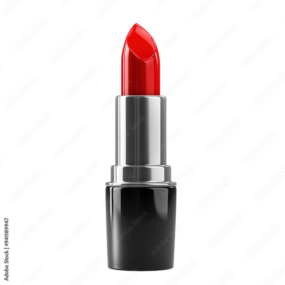 High-Gloss Red Lipstick on Reflective Black and Silver Tube with Clean White Background High-Gloss Red Lipstick on Reflective Black and Silver Tube with Clean White Background