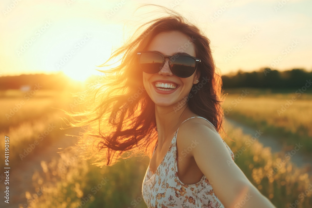 A joyful and happy woman in black sunglasses, wearing a summer dress, is photographed in motion outdoors in the rays of the setting sun A joyful and happy woman in black sunglasses, wearing a summer dress, is photographed in motion outdoors in the rays of the setting sun