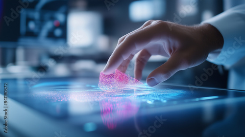 A close-up of a touchscreen interface displaying a tactile feedback prototype, with visible textures and patterns on the screen. The image focuses on a userâs hand interacting with photo