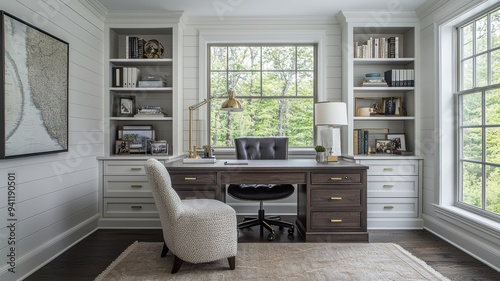 Stylish home office featuring a modern desk, comfortable chair, and natural light pouring through large windows.