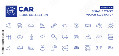Car icons collection. Thin Line icons, editable stroke. car key, driving test, box car, car, electric car, gear, suv, automatic transmission, fuel pump, fire, trunk, driving license