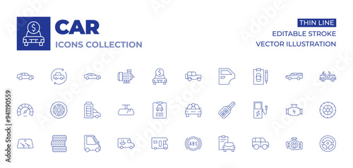 Car icons collection. Thin Line icons, editable stroke. car, caravan, car key, abs, diagnostic, speedometer, motor, full battery, rearview mirror, wiper, tires, delivery car
