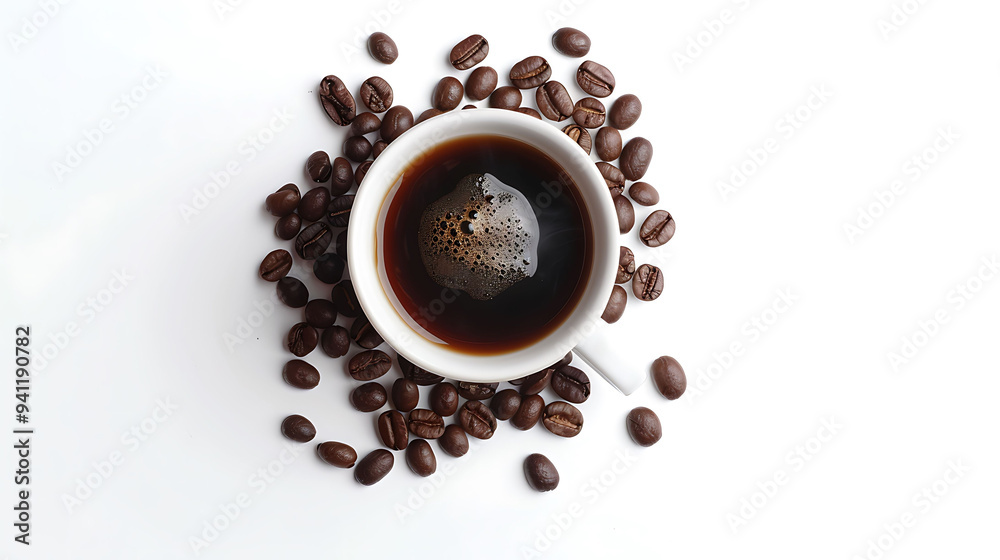A top view of a coffee cup accompanied by roasted coffee beans, on a seamless white background A top view of a coffee cup accompanied by roasted coffee beans, on a seamless white background